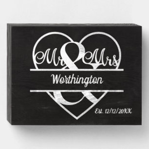 Monogram Name Heart Black White Wedding Date Wooden Box Sign