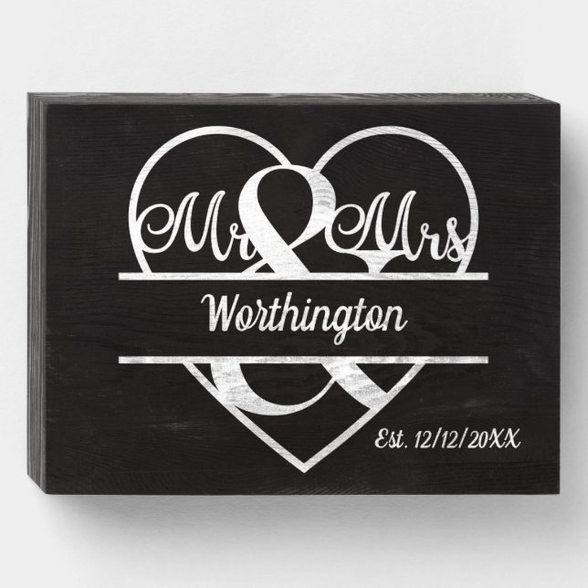 Monogram Name Heart Black White Wedding Date Wooden Box Sign (Front Horizontal)