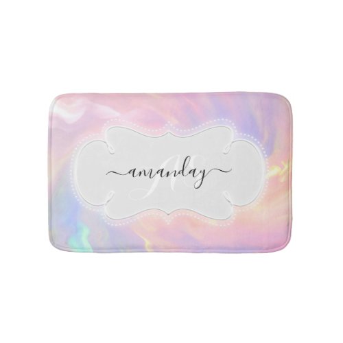 Monogram Name Holographic Pastel Frame Princess Bath Mat