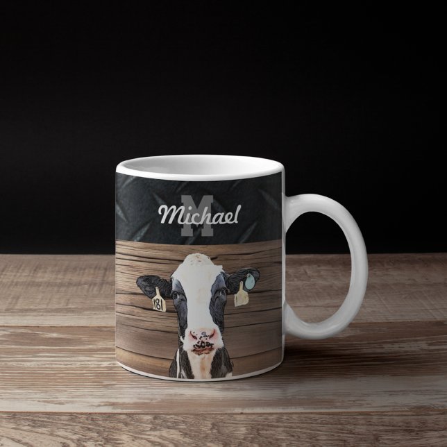 Monogram Name Holstein Cow Dairy Farm Livestock Coffee Mug (Holstein Cow Monogram Coffee Mug. Livestock Milking Cows Dairy Farmer Gift.)
