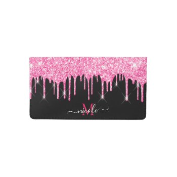 Monogram Name Hot Pink Dripping Glitter On Black Checkbook Cover by SugarSparkle at Zazzle