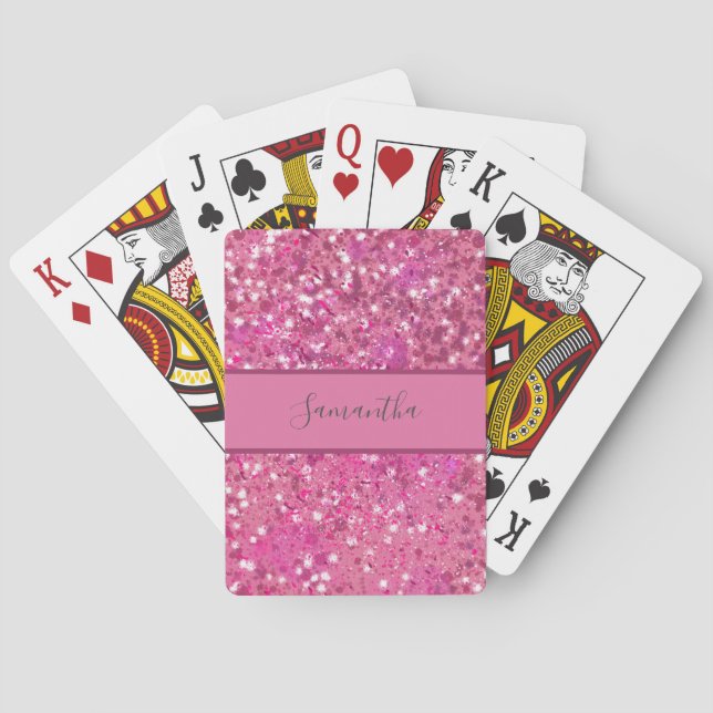 Monogram Name Hot Pink Glitter Sparkle Girly Glam Poker Cards (Back)