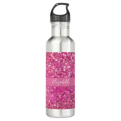 Monogram Name Hot Pink Glitter Sparkle Girly Glam Stainless Steel Water Bottle