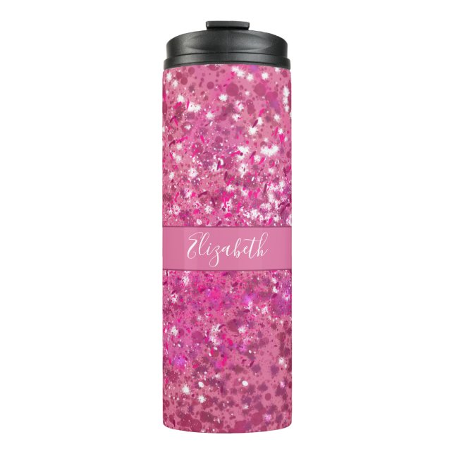 Monogram Name Hot Pink Glitter Sparkle Thermal Tumbler (Front)