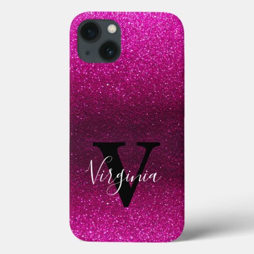Monogram Name Hot Pink Ombre Glitter Sparkles   iPhone 13 Case
