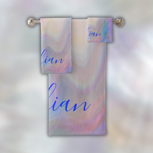 Monogram Name in Blue on Mother Of Pearl   Bath Towel Set