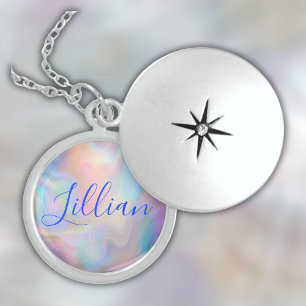 Monogram Name in Blue on Mother Of Pearl Locket Necklace