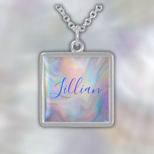 Monogram Name in Blue on Mother Of Pearl Sterling Silver Necklace