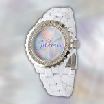 Monogram Name in Blue on Mother Of Pearl |  Watch<br><div class="desc">A beautiful Rhinestone White Enamel watch for women with monogram name in blue on mother-of-pearl background.</div>