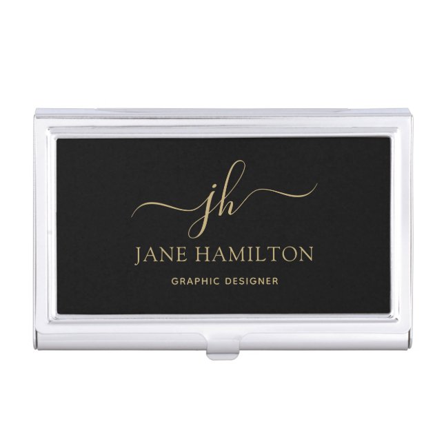 Monogram Name Initial Black Gold Business Card Case (Front)