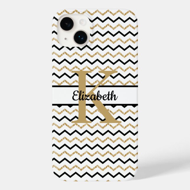 Monogram Name Initial Black Gold Chevron Zig Zag Case-Mate iPhone Case (Back)