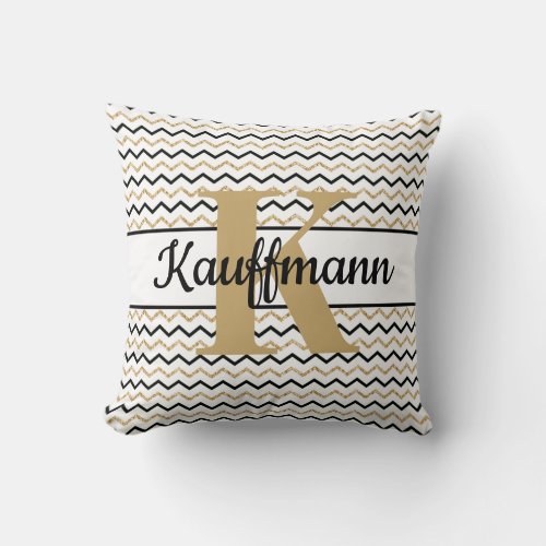 Monogram Name Initial Black White Gold Chevron Zig Throw Pillow