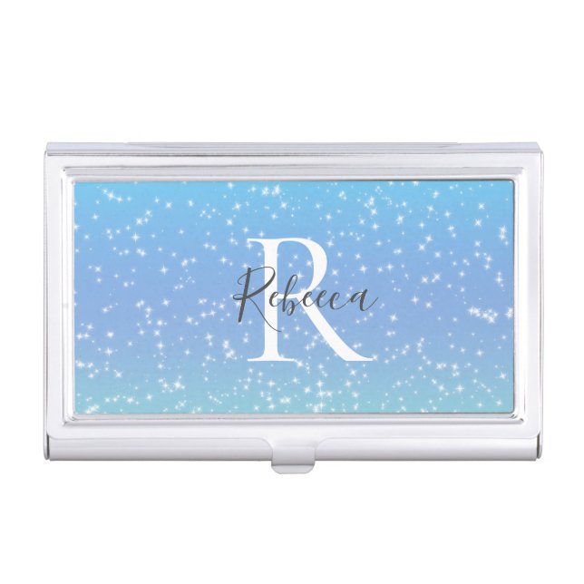 Monogram Name Initial Blue Green Sparkle Girly  Business Card Case (Front)