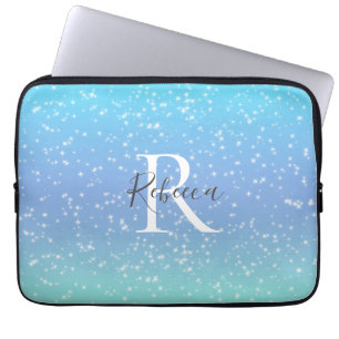 Monogram Name Initial Blue Green Sparkle Girly Laptop Sleeve