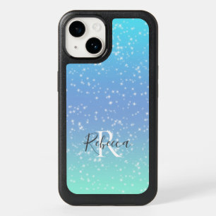 Monogram Name Initial Blue Green Sparkle Girly OtterBox iPhone 14 Case