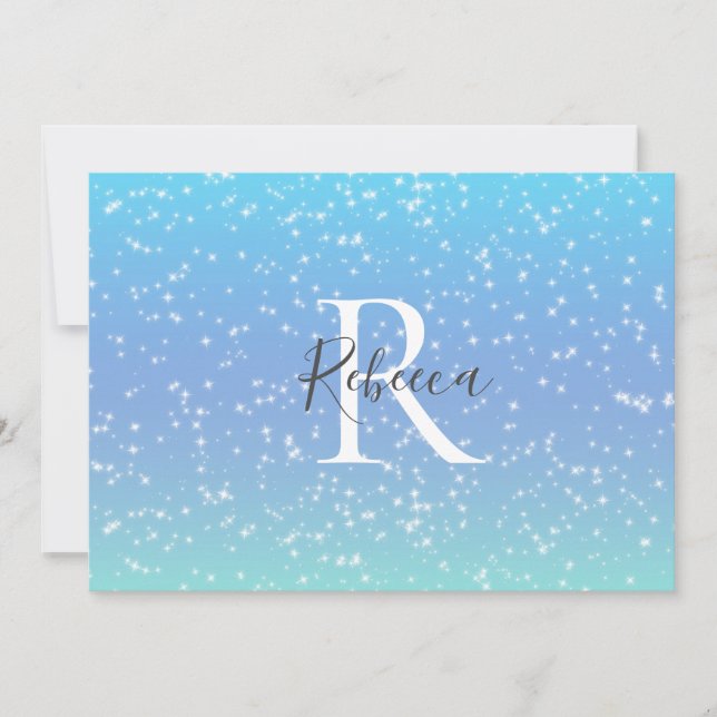 Monogram Name Initial Blue Green Sparkle Girly  Thank You Card (Front)