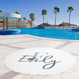 Monogram Name Initial Blue Script White Beach Towel