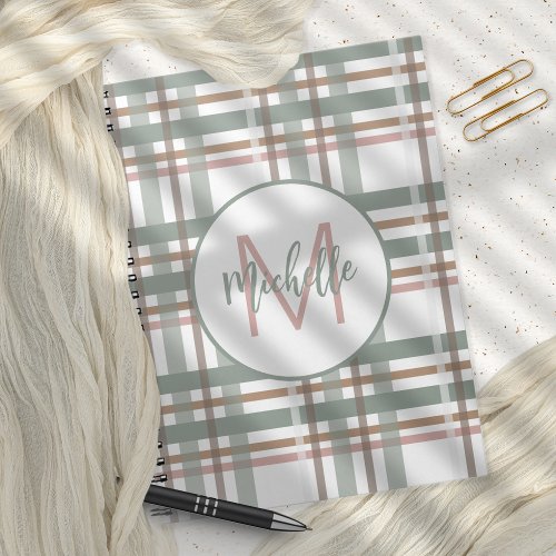Monogram Name Initial Dusty Pink Sage Green Plaid Notebook