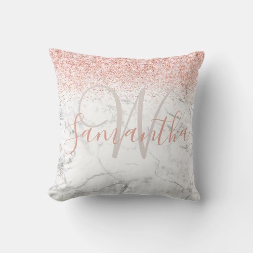 Monogram Name Initial Glitter Blush Silver Throw Pillow