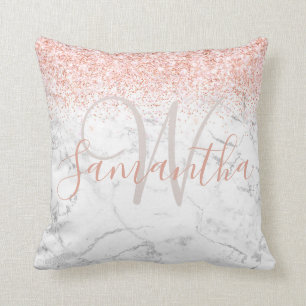 Monogram Name Initial Glitter Blush Silver Throw Pillow
