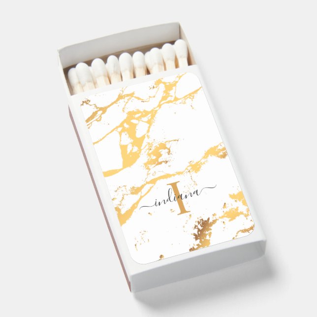Monogram Name Initial Gold Marble Pattern Matchboxes (Front Open)