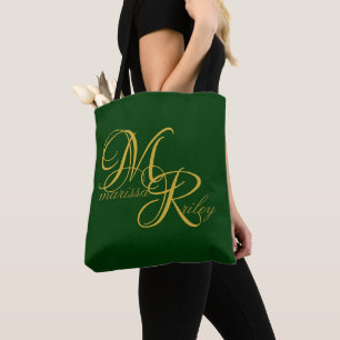 Monogram Name Initial Green Elegant Script Tote Bag