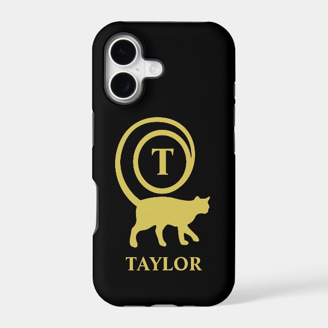 Monogram Name Initial Kitty Cat Lover Black Gold Iphone Case (Back)