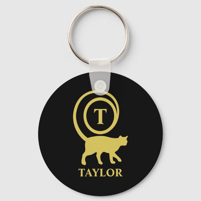 Monogram Name Initial Kitty Cat Lover Black Gold Keychain (Front)