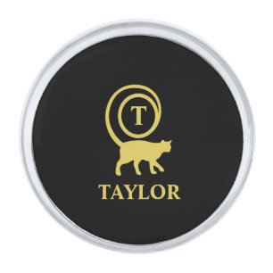 Monogram Name Initial Kitty Cat Lover Black Gold Silver Finish Lapel Pin