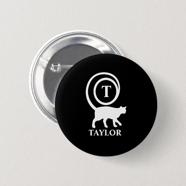 Monogram Name Initial Kitty Cat Lover Black White Button (Front & Back)