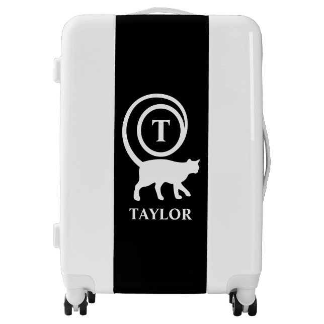 Monogram Name Initial Kitty Cat Lover Black White Luggage (Front)