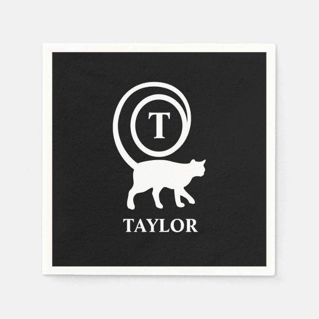 Monogram Name Initial Kitty Cat Lover Black White Napkins (Front)