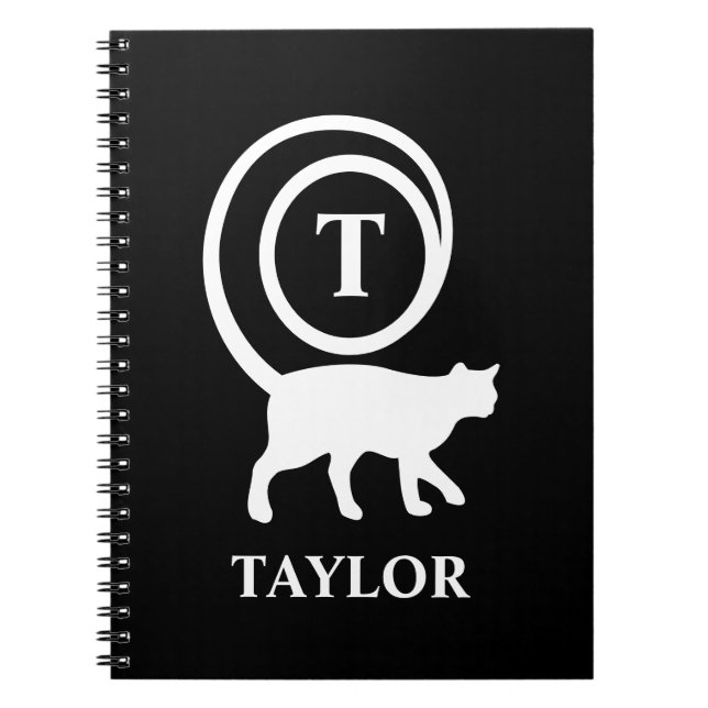 Monogram Name Initial Kitty Cat Lover Black White Notebook (Front)