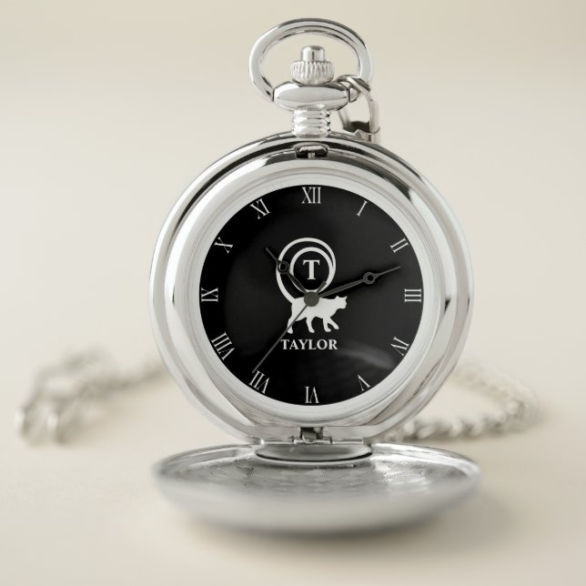 Monogram Name Initial Kitty Cat Lover Black White Pocket Watch (Inside)