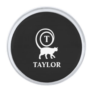 Monogram Name Initial Kitty Cat Lover Black White Silver Finish Lapel Pin