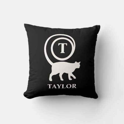 Monogram Name Initial Kitty Cat Lover Black White Throw Pillow