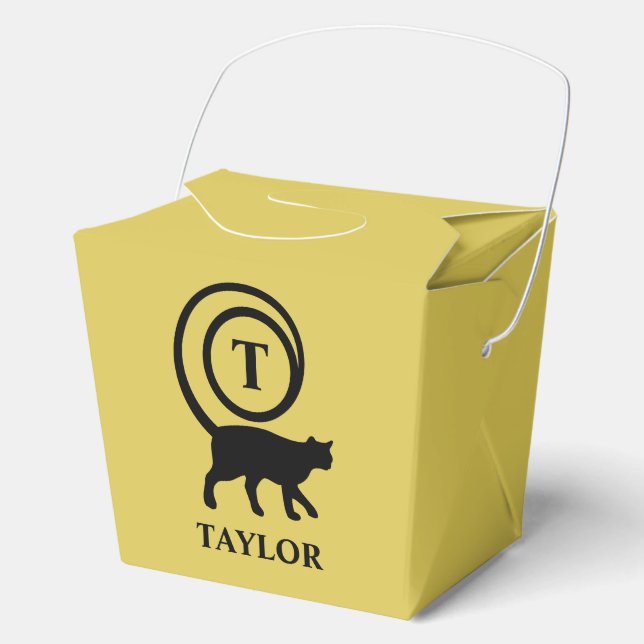 Monogram Name Initial Kitty Cat Lover Gold Black Favor Boxes (Front)