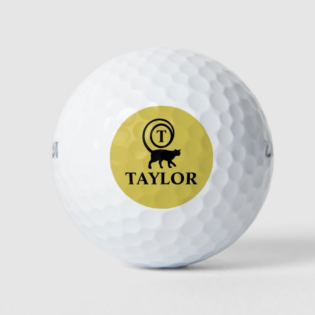 Monogram Name Initial Kitty Cat Lover Gold Black Golf Balls (Front)