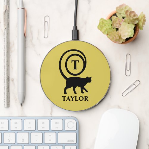 Monogram Name Initial Kitty Cat Lover Gold Black Wireless Charger