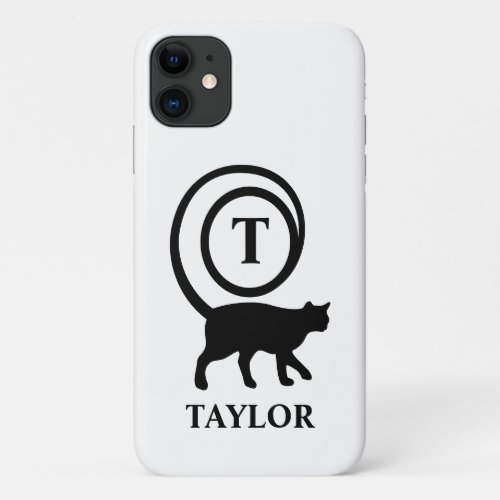 Monogram Name Initial Kitty Cat Lover White Black iPhone 11 Case