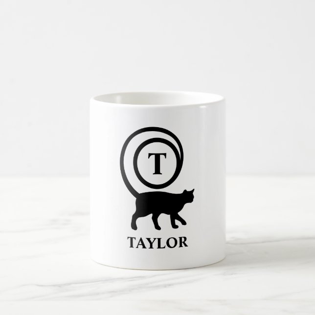 Monogram Name Initial Kitty Cat Lover White Black Coffee Mug (Center)
