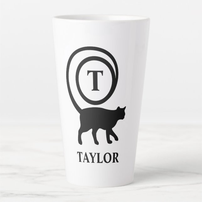 Monogram Name Initial Kitty Cat Lover White Black Latte Mug (Front)
