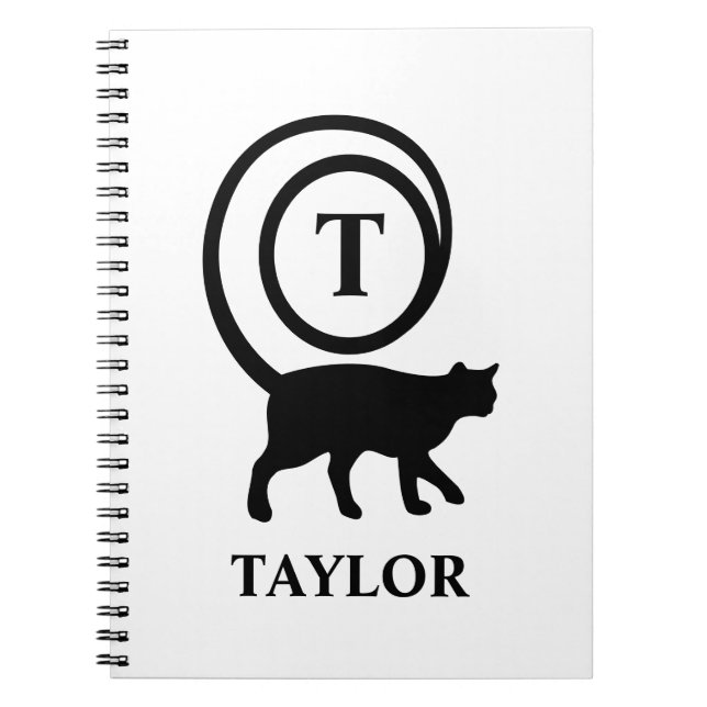 Monogram Name Initial Kitty Cat Lover White Black Notebook (Front)