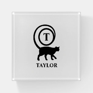 Monogram Name Initial Kitty Cat Lover White Black Paperweight