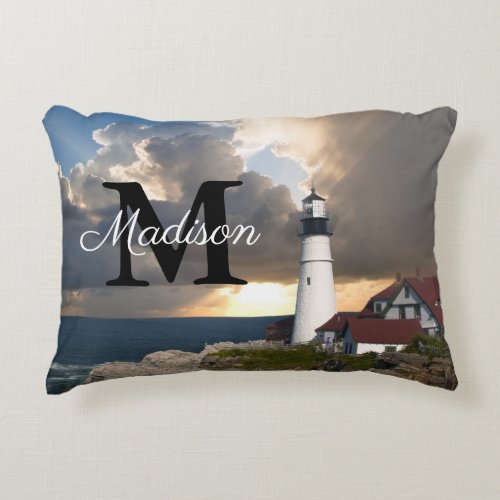 Monogram Name Initial Lighthouse Sunset Photo Accent Pillow