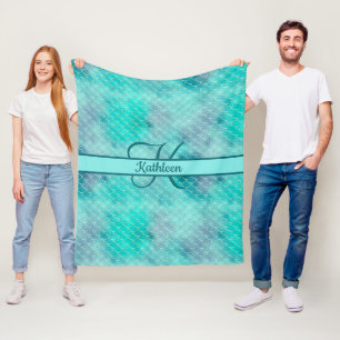 Monogram Name Initial Mermaid Blue Purple Green Fleece Blanket