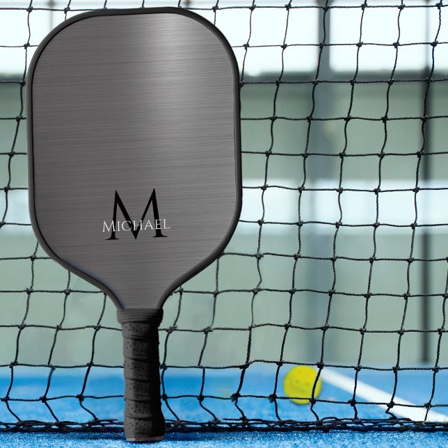 Monogram Name Initial Metallic Black Gray Elegant Pickleball Paddle (Creator Uploaded)
