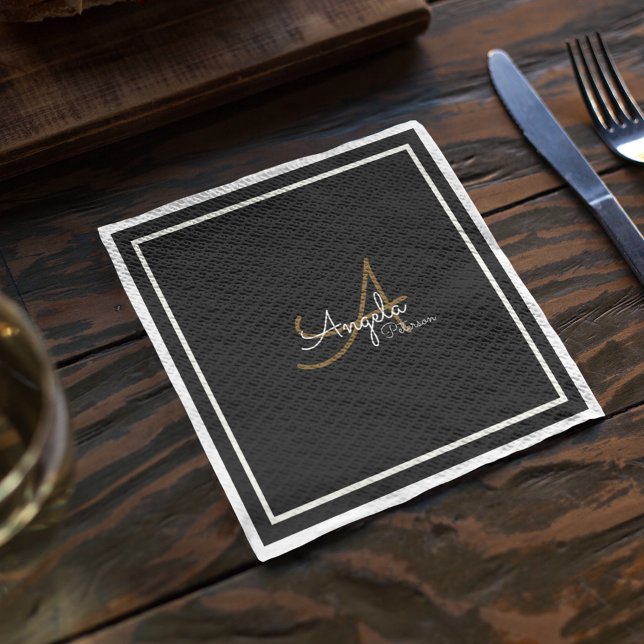 Monogram (name & initial) on Black Standard Napkins (modern monogram on black napkins)