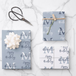 Monogram Name Initial Pattern Happy Birthday Blue Wrapping Paper Sheets