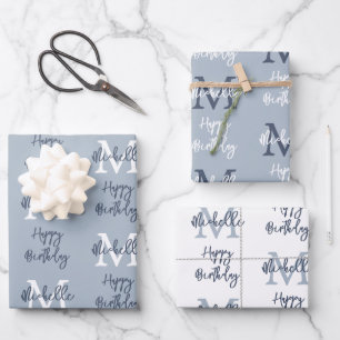 Monogram Name Initial Pattern Happy Birthday Blue Wrapping Paper Sheets
